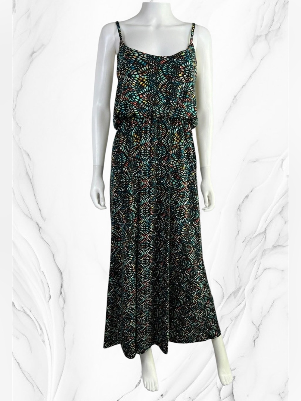 American Rag Cie Bohemian Maxi Dress Kaleidoscope Black Spaghetti Strap Knit XS
